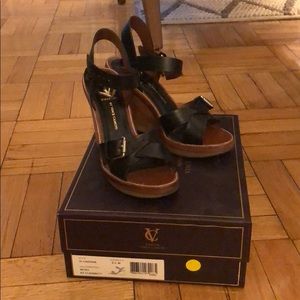 Vince Camino signature black leather wedges